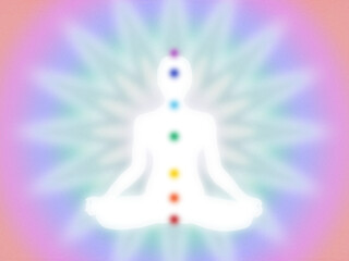 Bright pastel, modern, minimal chakra diagram with meditation pose, person, human figure, radiating rainbow aura  - grainy, high resolution background