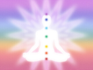 Bright pastel, modern, minimal chakra diagram with meditation pose, human figure, radiating energy on rainbow background  - grainy, high resolution