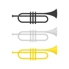 Brass trumpet icon set. Philharmonic orchestra device isolated on white background. Wind musical instrument concept. Vector illustration EPS 10.