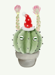 Watercolor of happy cactus wearing a Christmas hat