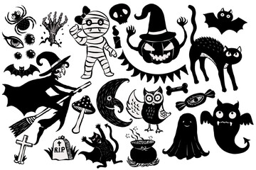 Set of halloween silhouette on white background