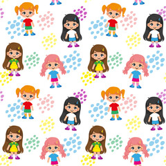 Seamless pattern with cute little girls on a white background. Vector illustration of characters drawing with hands. Children s print for textiles, print design, postcards