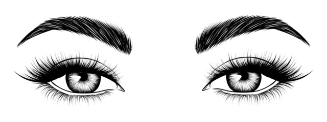 Hand-drawn female eyes. Attractive woman eyes. Black and white sketch.  Fashion illustration. Vector EPS 10.