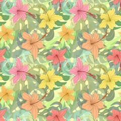 Hibiscus flowers and monstera leaves irregular seamless pattern. Random repeat floral tropical endless texture. Exotic pastel boundless background. Summer paradise plants toss repeat surface design