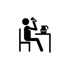 Drink black glyph icon. Person drinking from glass at table. Food, meal preparation at home. Healthy living habits, lifestyle. Silhouette symbol on white space. Vector isolated illustration