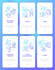 Water consumption blue gradient onboarding mobile app page screen set. Dehydration walkthrough 3 steps graphic instructions with concepts. UI, UX, GUI vector template with linear color illustrations