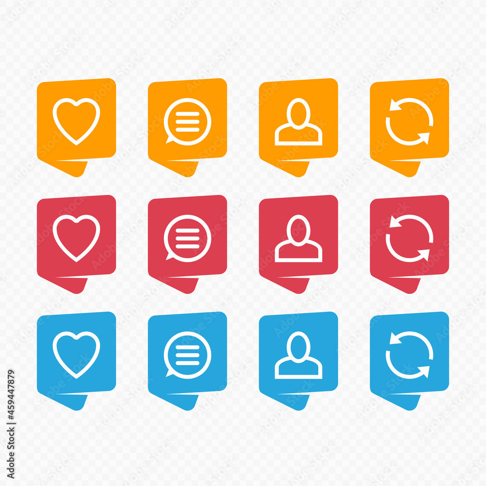 Poster like, follower and comment icons set. social media notification icons. social network app signs. bub