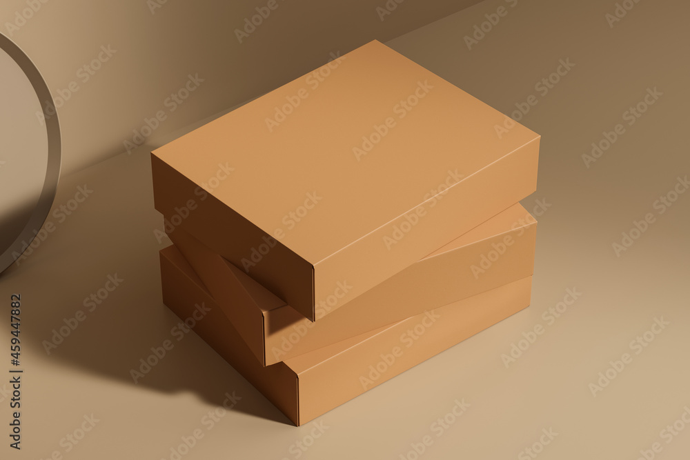 Poster three closed cardboard boxes stand on each other on a beige background. gift or order packing idea. 
