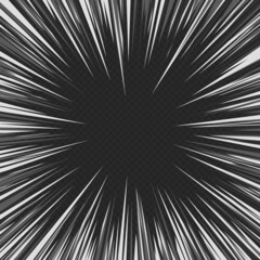Obraz premium Comic book black and white radial lines isolated on transparent background. Manga speed frame, superhero action, flash explosion template. Ray blast glow. Vector illustration superhero design. EPS 10