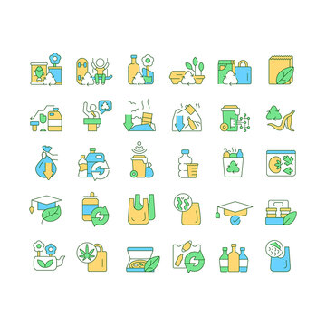 Waste recycling RGB color icons set. Enviromental protection. Ecogically friendly, compostable, biodegradable materials. Isolated vector illustrations. Simple filled line drawings collection