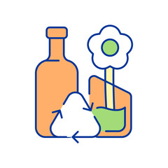 Flower in bottle orange RGB color icon. Waste recycling sign. Trash upcycling movement. Environmental conservation, protection. Isolated vector illustration. Simple filled line drawing