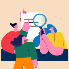 Business report audit, data evaluation, document inspection, business team, office work flat vector illustration

