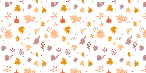 Illustration of a seamless pattern of leaves, flowers, branches and other elements. Cute autumn print. Simple modern style.