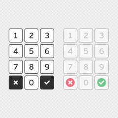 Keypad entry set. Digital keypad, keyboard, dialer access vector illustration. Buttons with numbers isolated on transparent background. EPS 10.