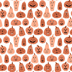 Illustration of seamless pattern with pumpkins. Various festive pumpkins with funny faces on a white background. Smiling, kind, evil, cute, wonderful faces.
