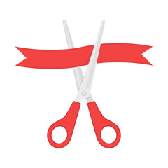 Grand opening celebrities illustration. Scissors cutting a red ribbon. Concept of Opening shops. Vector illustration in flat style.