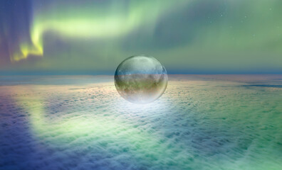 Northern lights or Aurora borealis in the sky over the clouds with crstall full moon 