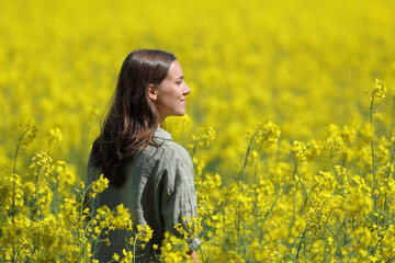 Naklejka na ściany i meble Happy woman contemplating in a yellow field