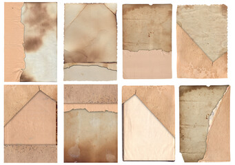 Bunch of Old vintage texture retro paper with burned edges, stains and scratches background