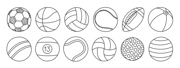 Sports ball line sketch set. Black doodle outline icon. Vector freehand illustration. Football, basketball, volleyball, baseball, rugby, billiards, tennis, golf, children's, beach, fitness equipment