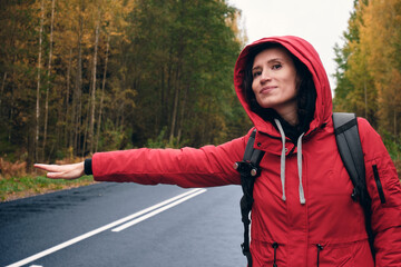 A Woman in a Red Jacket Trying to Stop a Car on the Forest Road