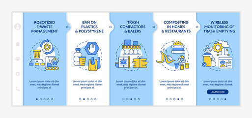 Trash recycling innovations onboarding vector template. Responsive mobile website with icons. Web page walkthrough 5 step screens. Waste management color concept with linear illustrations