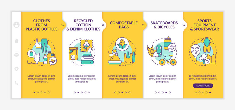 Upcycled materials onboarding vector template. Responsive mobile website with icons. Web page walkthrough 5 step screens. Waste recycling trends color concept with linear illustrations