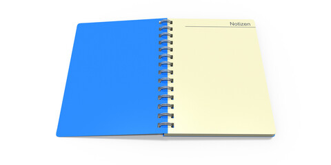 3d Ringheft, Notizbuch mit blauen Einband aufgeklappt und weißen Seiten, isoliert