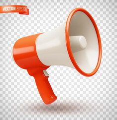 Vector realistic illustration of a red and white megaphone on a transparent background. - obrazy, fototapety, plakaty