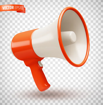 Vector realistic illustration of a red and white megaphone on a transparent background.