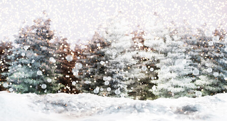Christmas winter scenery with snow and trees background