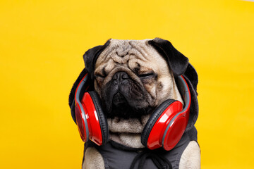 Portrait of adorable, happy dog of the pug breed in the hoodie. Cute smiling dog listening to music in headphones on yellow background. Free space for text.