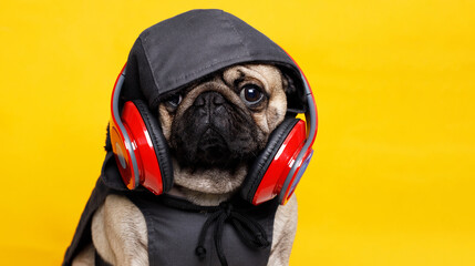 Portrait of adorable, happy dog of the pug breed in the hoodie. Cute smiling dog listening to music in headphones on yellow background. Free space for text.