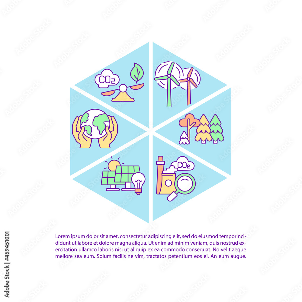 Poster slowing climate warming concept line icons with text. ppt page vector template with copy space. broc