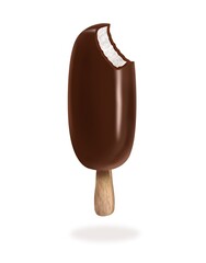Eskimo ice cream on a stick covered with chocolate and bitten. 3D illustration for advertising, postcard, banner.
