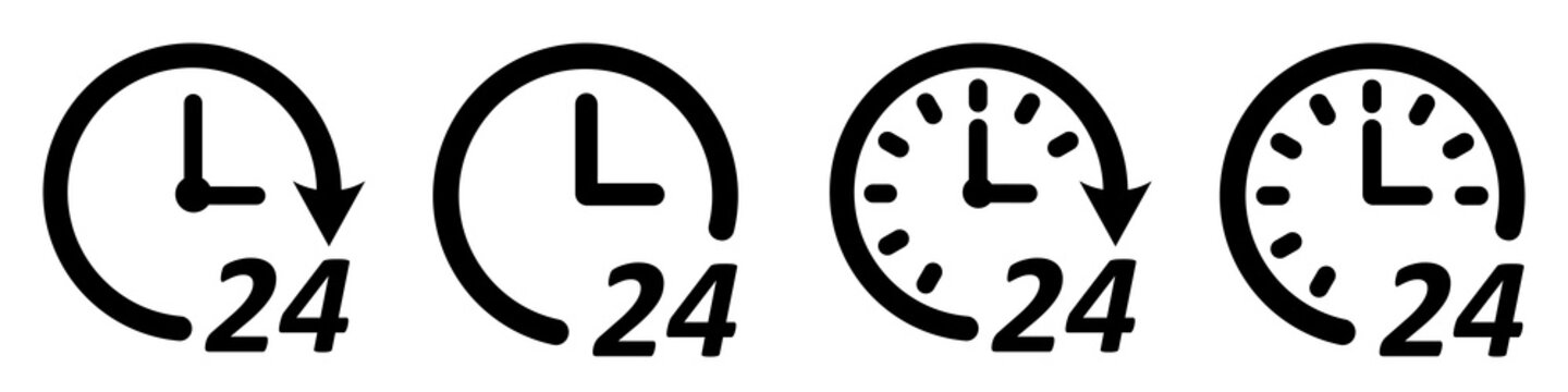 Set of 24 hours icons. 24/7 round-the-clock service. Clock icon, open 24 hours. 24/7 call center. Support symbols. Vector illustration.