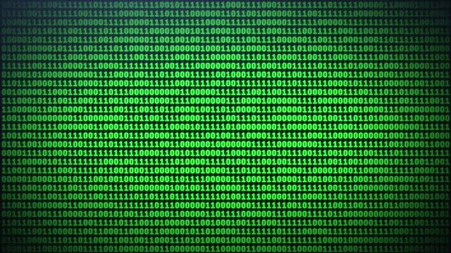 Green binary code on computer screen background. Digits listing table. Frontal view animation. Data technologic concept