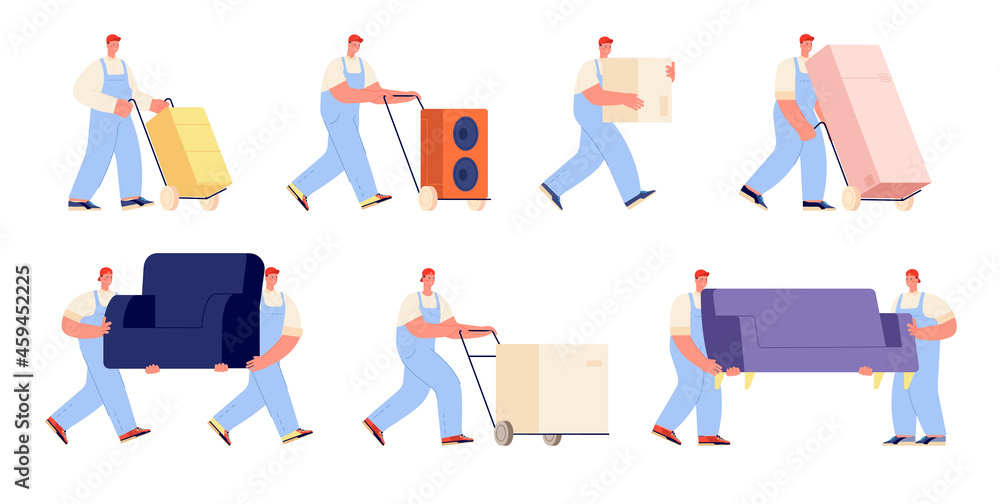 Sticker Delivery service characters. Warehouse man, objects logistics job. Relocation help, workers carrying sofa and container. People moving utter vector set