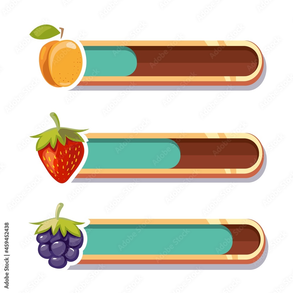 Poster game interface bars. cartoon gaming loading panel with fruits. isolated wood bar, web entertainment 