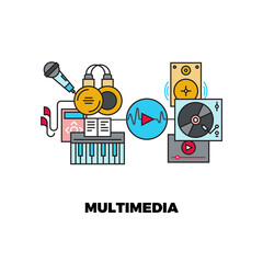 Online podcast. Radio music web service, headphones microphone outline icons. Musical app vector concept