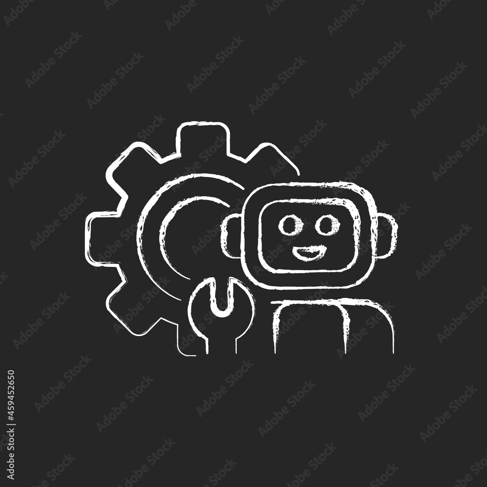 Aufkleber technology chalk white icon on dark background. robot with wrench against background of huge gear. t