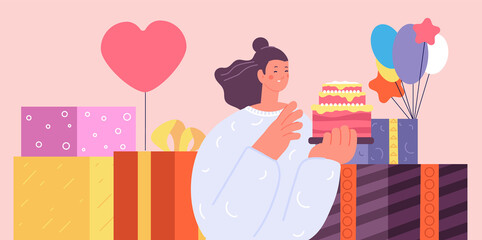 Girl celebrating birthday. Teen with cake and gifts, woman online party. Single female character eating dessert, virtual event utter vector metaphor