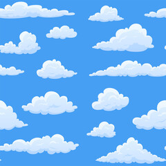 White cloud blue sky seamless pattern vector illustration. Decorative childish wallpaper cloudscape