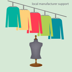 Green Friday - mannequin, things on a hanger on the store - vector Business concept. Support the movement of a local producer.