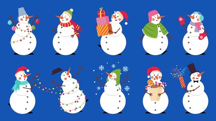 Cartoon snowman. Snowmen with xmas gift, winter holiday happy snow characters. Isolated man celebrate christmas, funny decent vector set