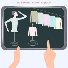Green Friday - hands, finger points to a tablet with a female mannequin, clothes on hangers - vector Business concept. Support the movement of a local producer.