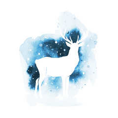 Vector silhouette of raindeer. Watercolor winter illustration with isolated animal and watercolor splash. Watercolor Christmas design for poster, banner, postcard