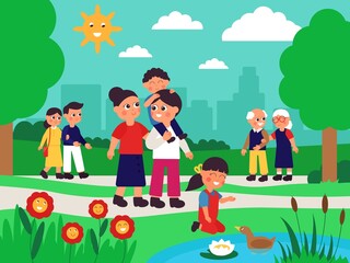 Family walking in park. Different persons in city garden, happy walk with children. Cute cartoon kids parents and old couple decent vector scene