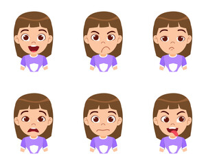 Cute beautiful kid girl character avatar with different emotions and facial expression isolated on white background