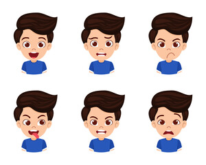 Cute beautiful kid boy character avatar with different emotions and facial expression isolated